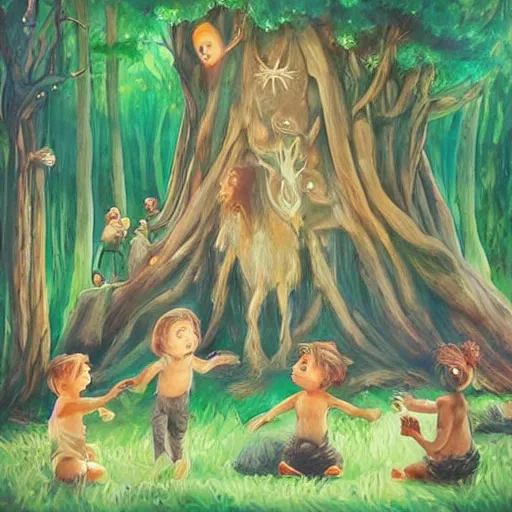 Image similar to “ childs in a magical forest making ritual, artwork, fantasy, face detailed ”