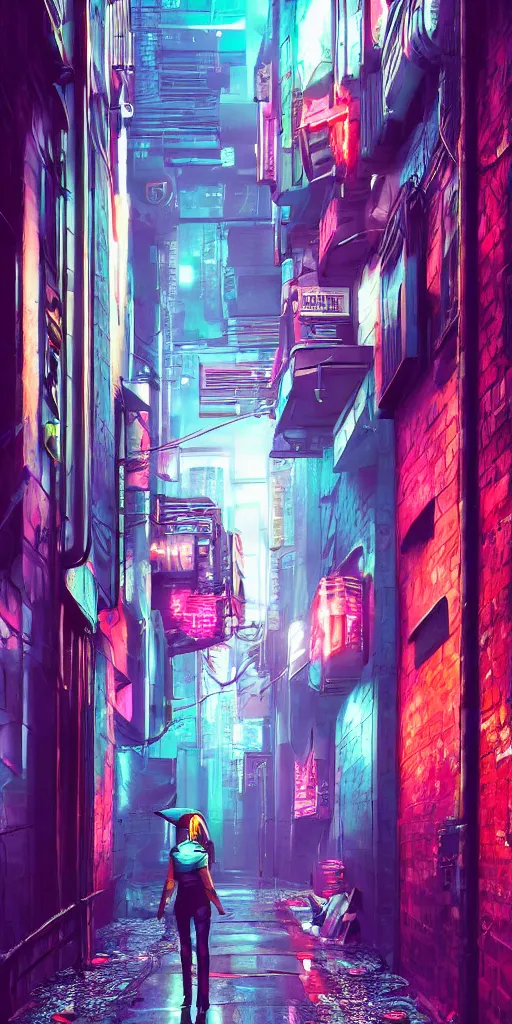 Image similar to cyberpunk alley with a person, pop art, rtx, 8 k, ray tracing, highly detailed, cold colors, rain,