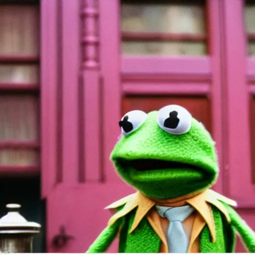 Prompt: kermit the frog, from the grand budapest hotel, kodachrome