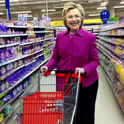 Prompt: a photo of hillary clinton in walmart shopping for grills