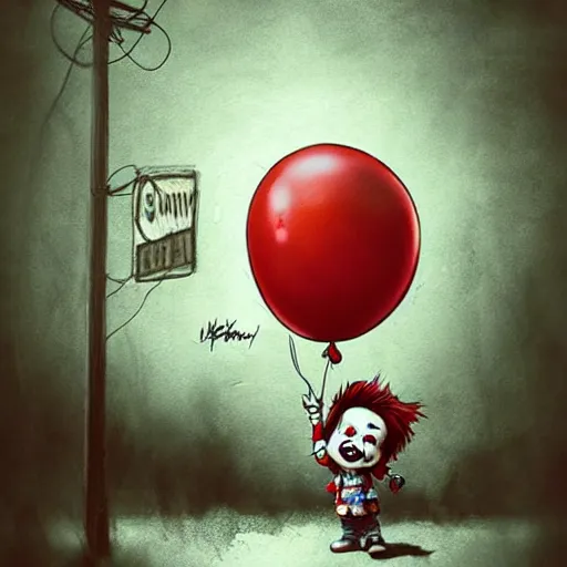 Image similar to grunge cartoon landscape sketch of chucky with a wide smile and a red balloon by - michal karcz, loony toons style, pennywise style, chucky style, horror theme, detailed, elegant, intricate