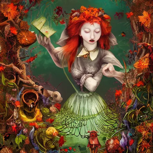 Image similar to Hell and heaven, captured in bottles, a heart full of envy, The Autumn Plague Gardener, the theme of Alice in Wonderland, digital painting, its softness partakes of fluidity, illustration, deep dark, artstation, intricate, biodiversity in a world of change and constancy, ue5, by deiv calviz and bossmonsterbani