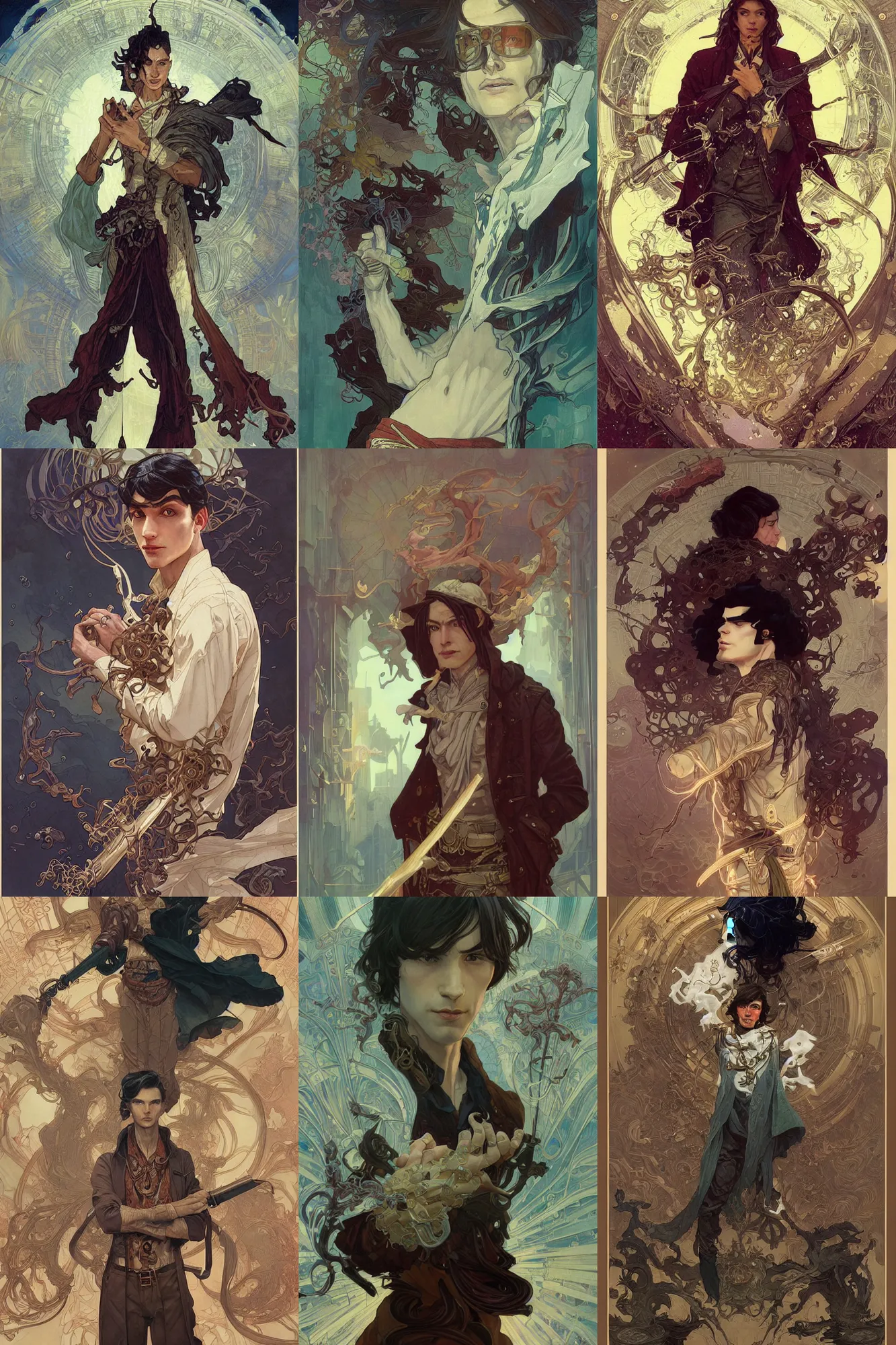 Prompt: thin young male alchemist, long dark hair, art deco, fantasy, highly detailed, intricate, smooth, art by joseph leyendecker, peter mohrbacher, ruan jia, marc simonetti, ayami kojima, cedric peyravernay, alphonse mucha, victo ngai