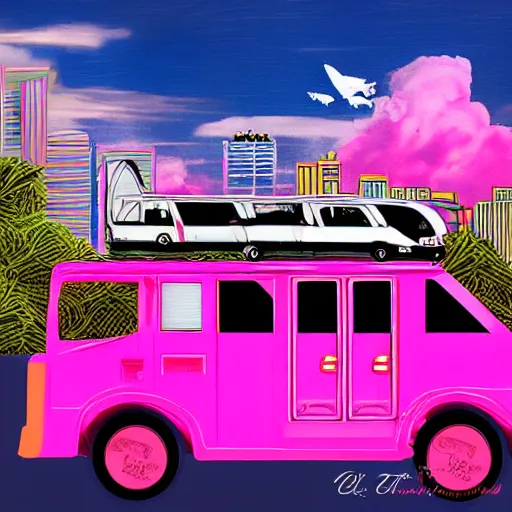 Prompt: a fleet of flying pink philippine jeepney above the skyline, digital art