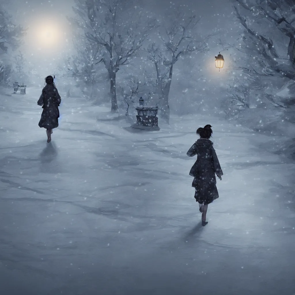 Prompt: beautiful scene render of a girl is walking in the snow with a lantern, chinese ink painting style, unreal engine, global illumination, radiant light, detailed and intricate environment, trending onstudio ghibli, 8 k