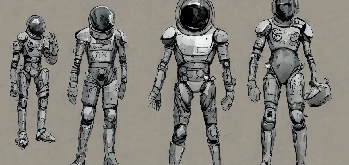 Image similar to male, full body!!!!!!, space suit with a modern helmet, large shoulders, short torso, long thin legs, tiny feet, character sheet, science fiction, very stylized character design, hyperdetailed, watercolor digital painting, by mike mignola, by alex maleev, jean giraud, painted by leyendecker