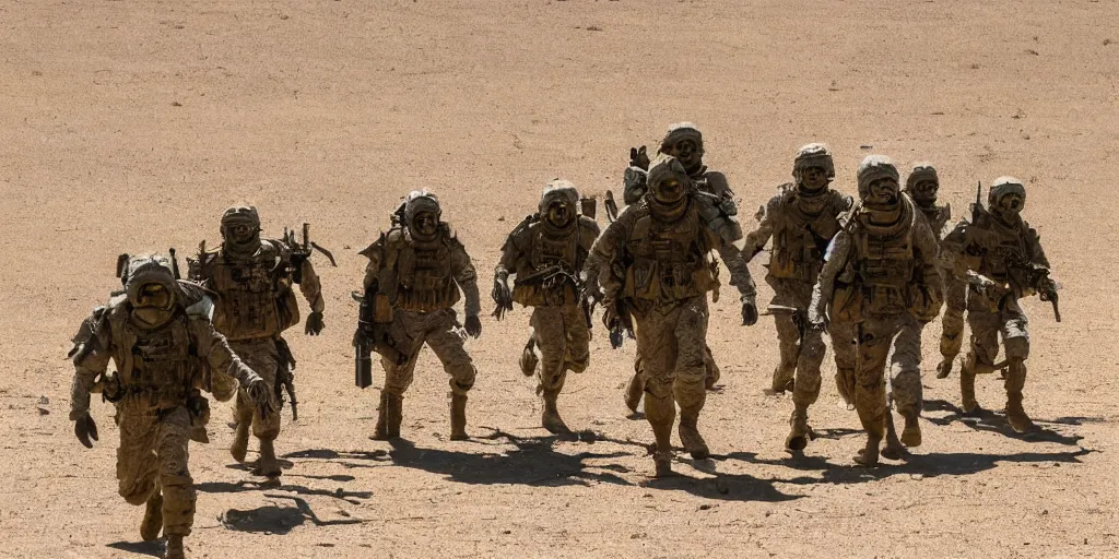 Prompt: a group of soldiers on a rescue mission like the film stargate being chased by a large spider alien on a desert world, telephoto shot, mid day, heat shimmering.