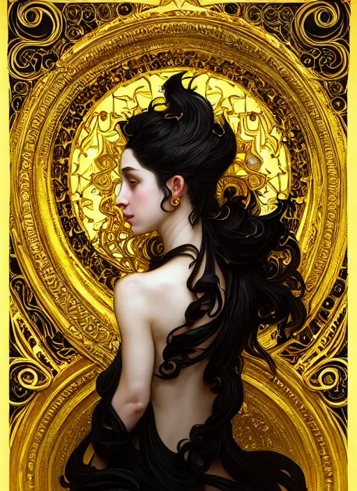 Prompt: beautiful black yellow, complicated gold the baroque style decoration, dark fantasy, intricate, elegant, highly detailed, digital painting, artstation, concept art, matte, 3 d 8 k octane rendered, sharp focus, illustration, octane rendered, art by artgerm and alphonse mucha, leesha hannigan, ross tran