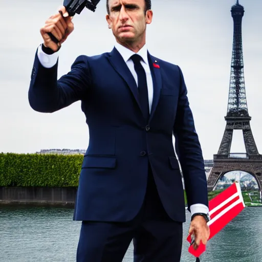 Image similar to Still of a James Bond movie starring Emmanuel Macron as James Bond. Emmanuel Macron holds a Beretta, a baguette and a French flag in front of the Eiffel Tower. Nikon, sigma 1/6, 50 mm