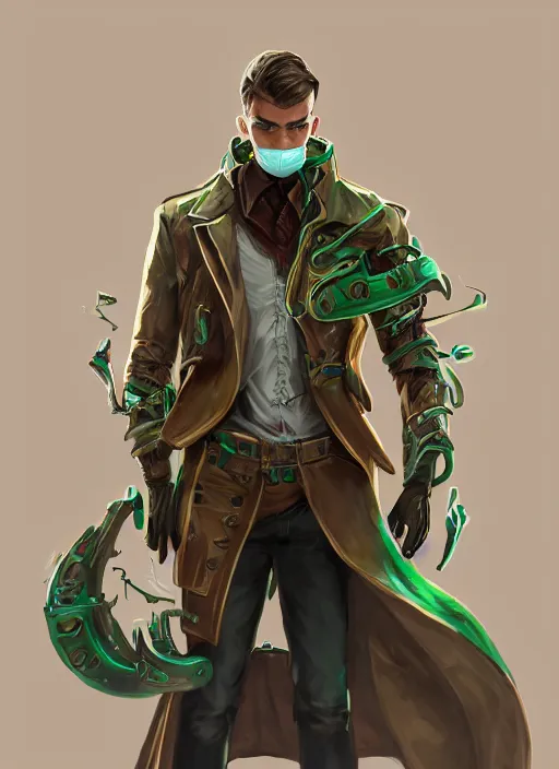 Prompt: a highly detailed illustration of thick wavy brown haired young white guy wearing brown detective trench coat and wearing green face mask, with many mechanical arms on his back, dramatic hands in pocket standing pose, intricate, elegant, highly detailed, centered, digital painting, artstation, concept art, smooth, sharp focus, league of legends concept art, WLOP