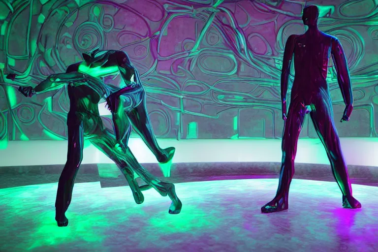 Image similar to full body, alan turing wrestling with agent smith, sculpture by auguste rodin, multicolored glowing tubes, glowing digital eyes, 8 k, front shot, symetrical, flourescent colors, halluzinogenic, multicolored, insanely detailed, 3 d render, octane