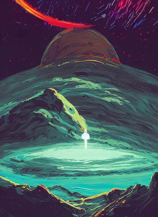 Image similar to a beautiful ultradetailed matte painting of a black hole swallowing a star, colorful and bright, clouds in the distance dark fantasy, d & d, artstation, art by petros afshar, tom whalen, laurie greasley and greg rutkowski and ilya kuvshinov