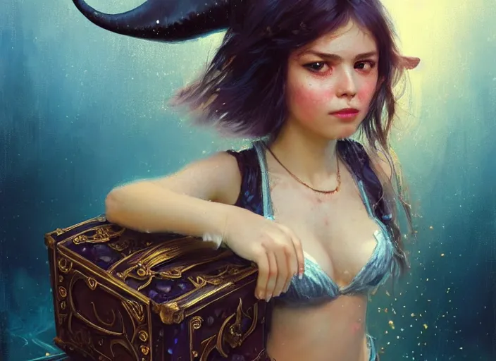 Image similar to full body picture of a pirate girl, hard breathing, messy hair, very excited, sparkling eyes, front of the treasure box, magic and fantasy, whale monsters, coveted, beautiful and aesthetic and attractive and detailed face, specular reflection, occlusion shadow, intricate, bokeh, masterpiece, by ilya kuvshinov and jeremy lipking and quentin mabille