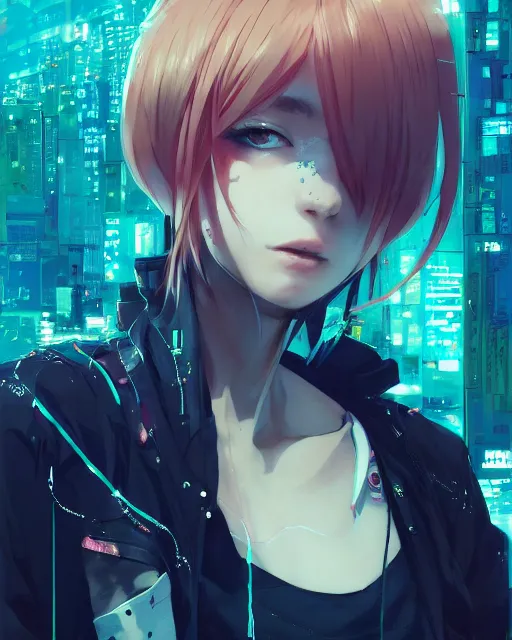 Image similar to kyoto animation, cool girl wearing cyberpunk intricate streetwear, beautiful, detailed portrait, cell shaded, 4 k, concept art, by wlop, ilya kuvshinov, artgerm, krenz cushart, greg rutkowski, pixiv. cinematic dramatic atmosphere, sharp focus, volumetric lighting, cinematic lighting, studio quality