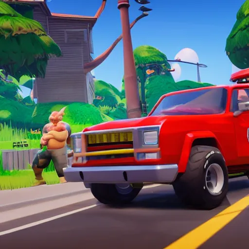 Image similar to fat john cena driving a car with really big tires, super big tires, chonky tires, fortnite screenshot. Chonkers. Chonk.