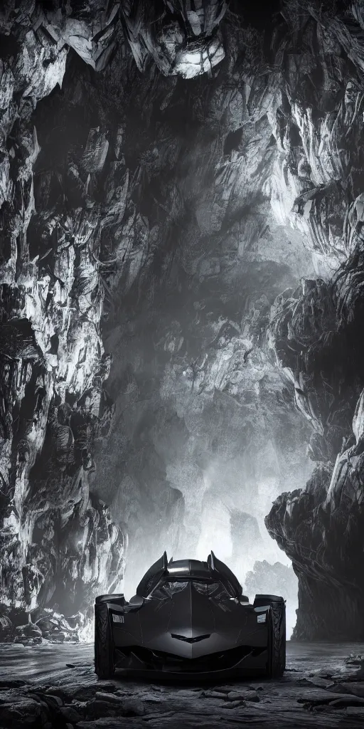 Image similar to the batmobile standing in a very dark and wet cave. highly detailed. intricate. mist. atmospheric. rim light. photorealistic. 8 k. monochrome. rays of light filling the cave. cinematic. matte painting. cinema 4 d. octane render. imagined by ash thorp. ambient occlusion. global illumination.