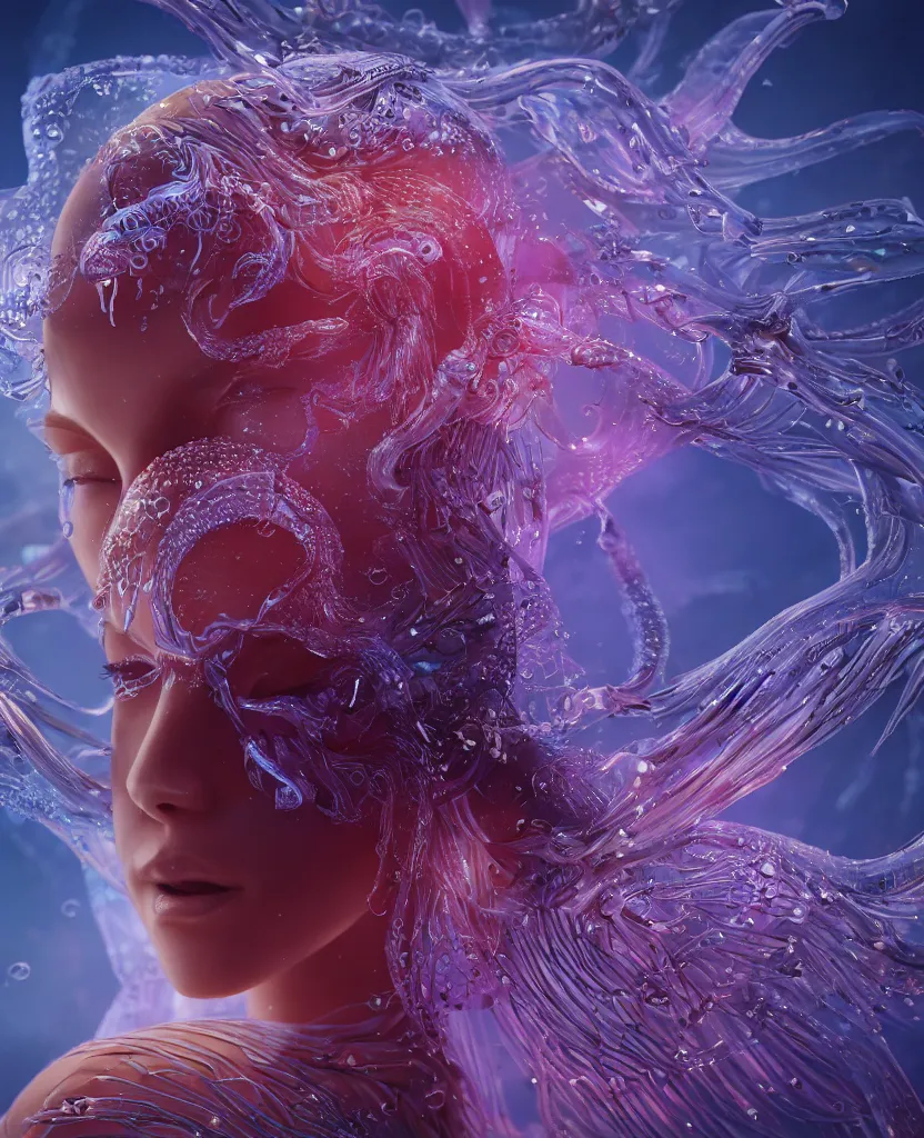 Image similar to close-up macro portrait of the face of a beautiful princess, epic angle and pose, symmetrical artwork, 3d with depth of field, blurred background, cybernetic jellyfish female face skull phoenix bird, translucent, nautilus, energy flows of water and fire. a highly detailed epic cinematic concept art CG render. made in Maya, Blender and Photoshop, octane render, excellent composition, cinematic dystopian brutalist atmosphere, dynamic dramatic cinematic lighting, aesthetic, very inspirational, arthouse. y Greg Rutkowski, Ilya Kuvshinov, WLOP, Stanley Artgerm Lau, Ruan Jia and Fenghua Zhong