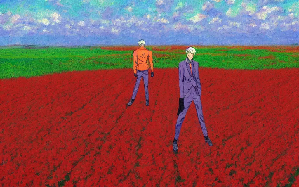 Image similar to impressionist painting of Evangelion Unit 01 standing in a red field