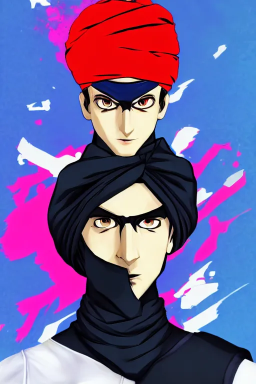 Image similar to A young man wearing a blue turban, beardless, shaven face, middle-eastern, in the style of Persona 5, Persona 5, Persona 5 artwork