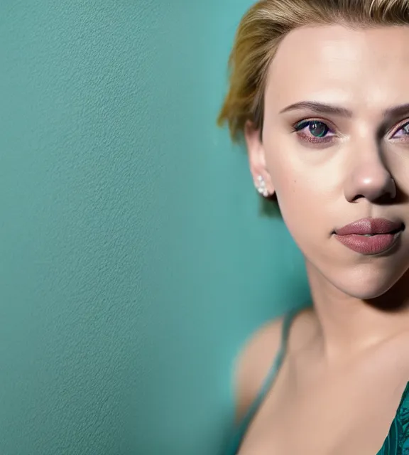 Image similar to beautiful portrait photo of Scarlett Johansson, slight smile, 85mm, teal studio backdrop