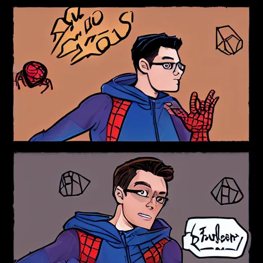 Image similar to peter parker with spider - man hoodie as a cryptocurrency trader in marvel art style