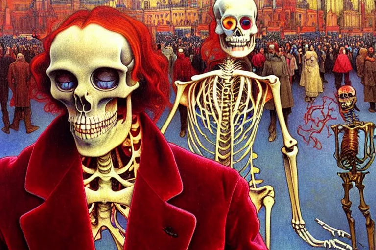 Image similar to realistic detailed closeup portrait painting of a single skeleton wearing red velvet blazer in a crowded futuristic moscow street by Jean Delville, Amano, Yves Tanguy, Alphonse Mucha, Ernst Haeckel, Edward Robert Hughes, Roger Dean, rich moody colours, blue eyes