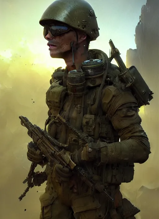 Image similar to closeup realistic portrait of a dystopian soldier in apocalyptic environment, backlit, oil painting, concept art, filip hodas, john howe, mike winkelmann, jessica rossier, andreas rocha, bruce pennington, albert bierstadt, peter mohrbacher, donato giancola, joseph christian leyendecker, wlop, boris vallejo