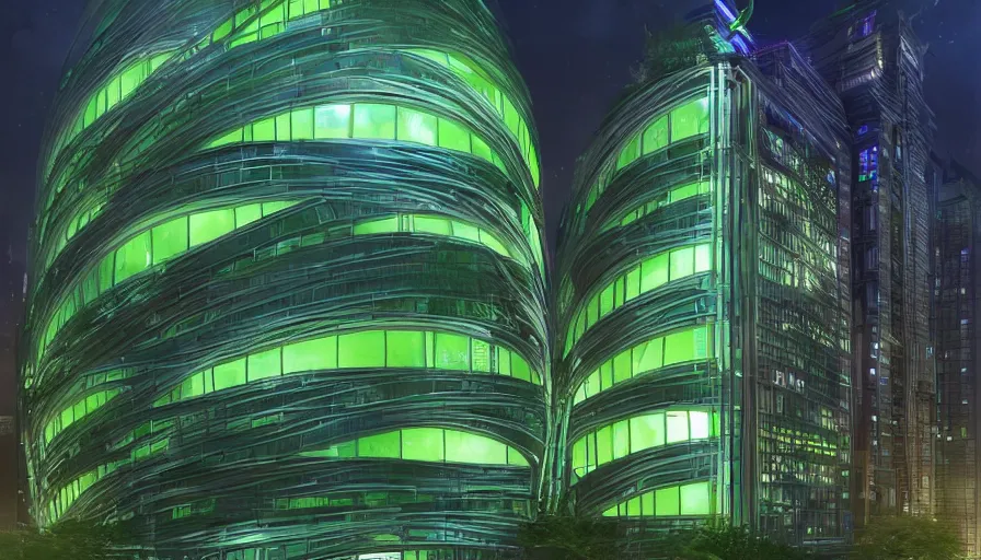 Prompt: A spiral glass building with green neon lights in a middle of a city at night, hyperdetailed, artstation, cgsociety, 8k