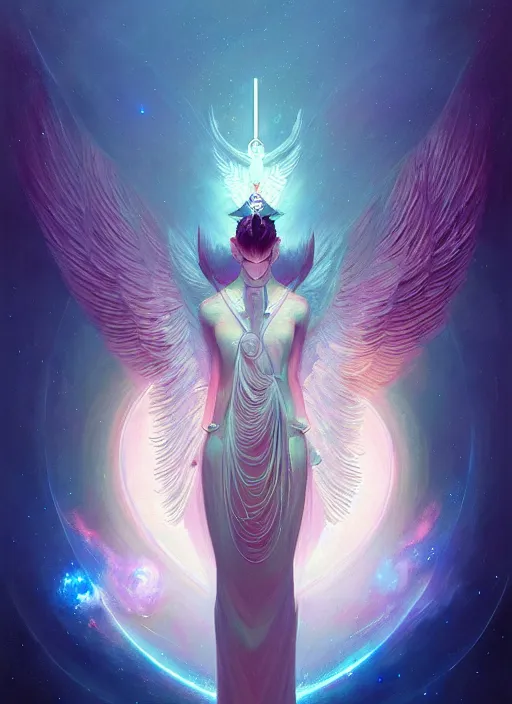 Prompt: symmetry, cancer, highly detailed, high contrast, light reflection, delicate patterns with feather texture, shining angel, shining sword, trippy, nebula, trending on art station by artgem, by peter mohrbacher, by wlop, by ruan jia