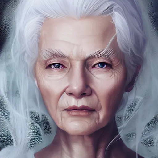 Prompt: elderly woman, white hair, gorgeous, amazing, elegant, intricate, highly detailed, digital painting, artstation, concept art, sharp focus, illustration, art by Ross tran