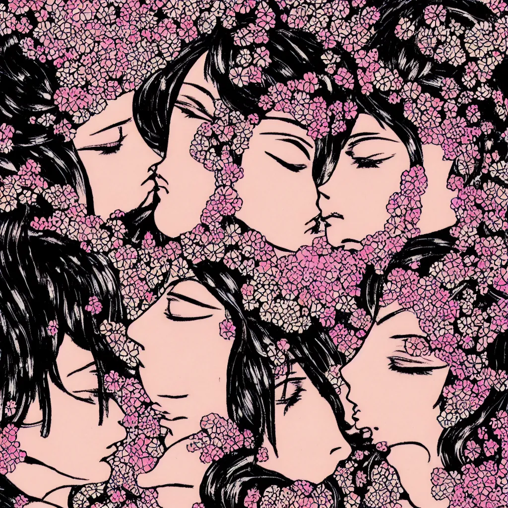 Image similar to close - up of two women made of patterns kissing each other, manga art by araki, jojo's bizarre adventure key visual