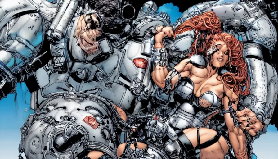 Image similar to a dream portrait of cyborg Valkyrie flying up art by Paul Dini, Travis Charest, Simon Bisley