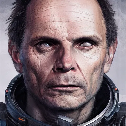 Prompt: portrait of a man by greg rutkowski, michael biehn as an space security officer, he is about 6 0 years old, military composure, wearing the tactical gear of weyland company, highly detailed portrait, digital painting, artstation, concept art, smooth, sharp foccus ilustration, artstation hq