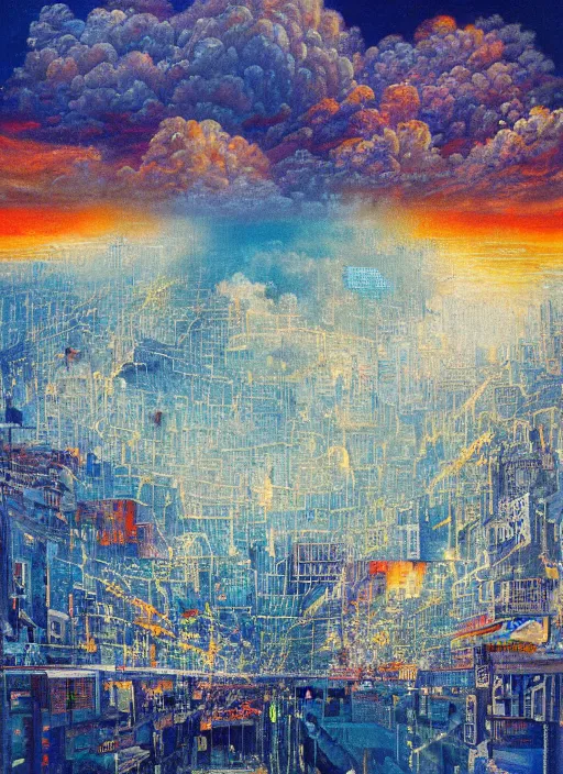 Image similar to a beautiful painting by oliver vernon of a glitched city behind clouds, realistic colors