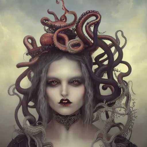 Image similar to By Tom Bagshaw, ultra realist soft painting of a curiosities carnival and tentacles by night, very beautiful female dollpunk in full gothic dress, symmetry accurate features, very intricate details, omnious sky, black and white, volumetric light clouds
