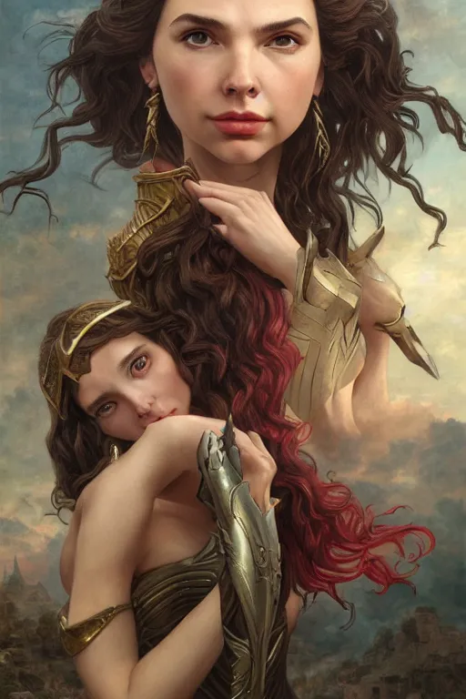 Image similar to A fantasy comic book style portrait painting of Gal Gadot, Anya Taylor-Joy, as an Atlantean Reptilian Warrior, François Boucher, Oil Painting, Mystical Valkyrie, unreal 5, DAZ, hyperrealistic, octane render, Regal, Refined, Detailed Digital Art, RPG portrait, William-Adolphe Bouguereau, Michael Cheval, Walt Disney (1937), Steampunk, dynamic lighting, Highly Detailed, Cinematic Lighting, Unreal Engine, 8k, HD