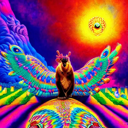 Prompt: bear riding on a giant peacock on a race track, painted by lisa frank, alex grey and tim hildebrandt, volumetric lighting, hyper realism, highly detailed, dmt, lsd, psilocybin, sharp focus, sharp contrast, 8 k