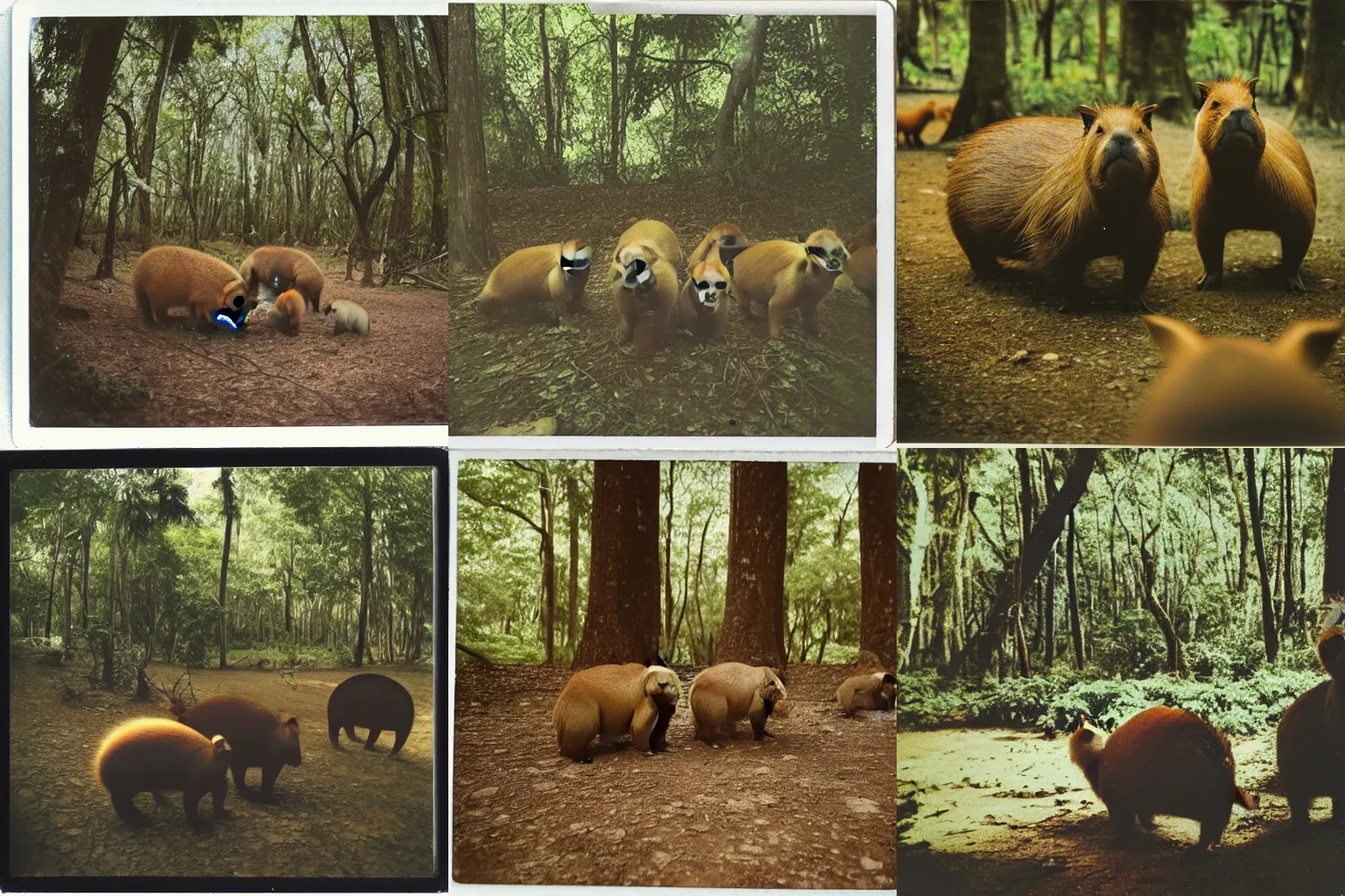 Prompt: polaroid of several capybaras peeping the camera in a forest