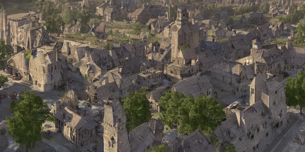 Image similar to scene from a thriving medieval town, imposing stone building in the center, lots of people going about their business, fantasy setting, highly detailed, albert bierdstat, manelbulb 3 d, high resolution, 8 k, photorealism, unreal engine, octane render, artstation