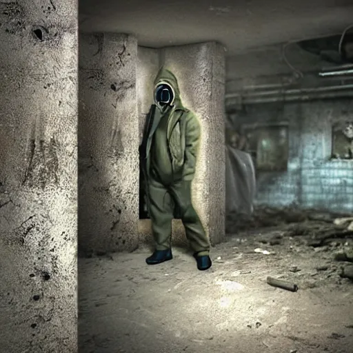 Prompt: photorealistic detailed image of a man in a rugged, worn trench coat wearing a gas mask, in a ruined and dark underground lab, readying himself for combat with a green/brown/gray undertone, inspired by the Stalker video game series