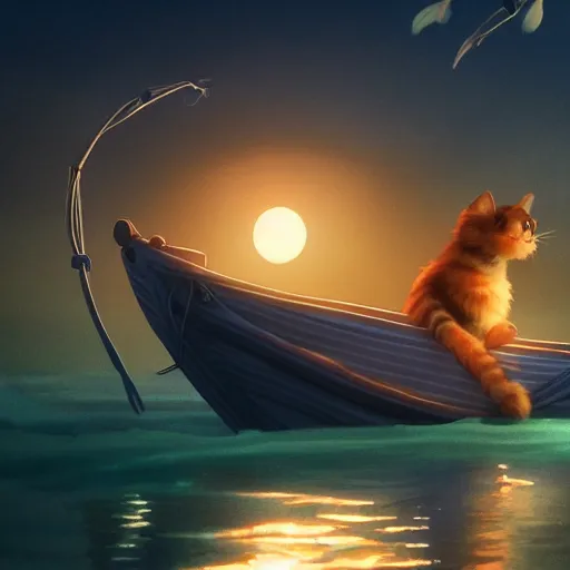 Image similar to a wholesome animation creative key shot of a cat sailing a boat in the night, full shot, studio ghibli, pixar and disney animation, sharp, rendered in unreal engine 5, anime key art by greg rutkowski, bloom, dramatic lighting