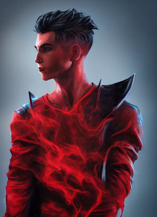 Image similar to An epic fantasy comic book style portrait painting of a young man with black and red cowlick undercut haircut, wearing a red shirt, black overcoat, blue jeans. Unreal 5, DAZ, hyperrealistic, octane render, cosplay, RPG portrait, dynamic lighting