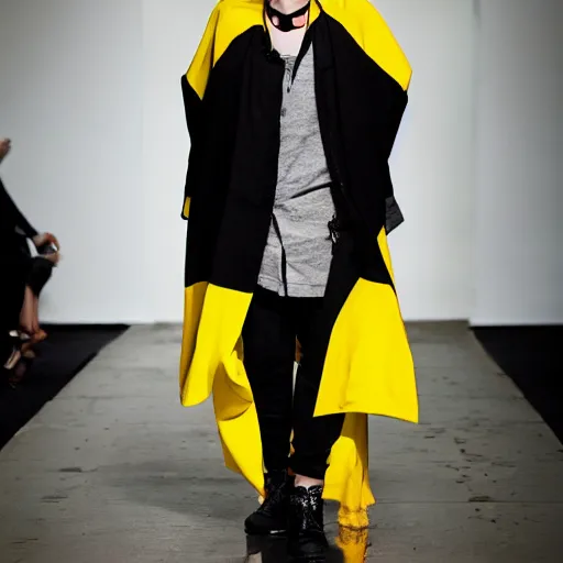 Image similar to brutalist fashion incorporating black and yellow, fashion show, studio lighting