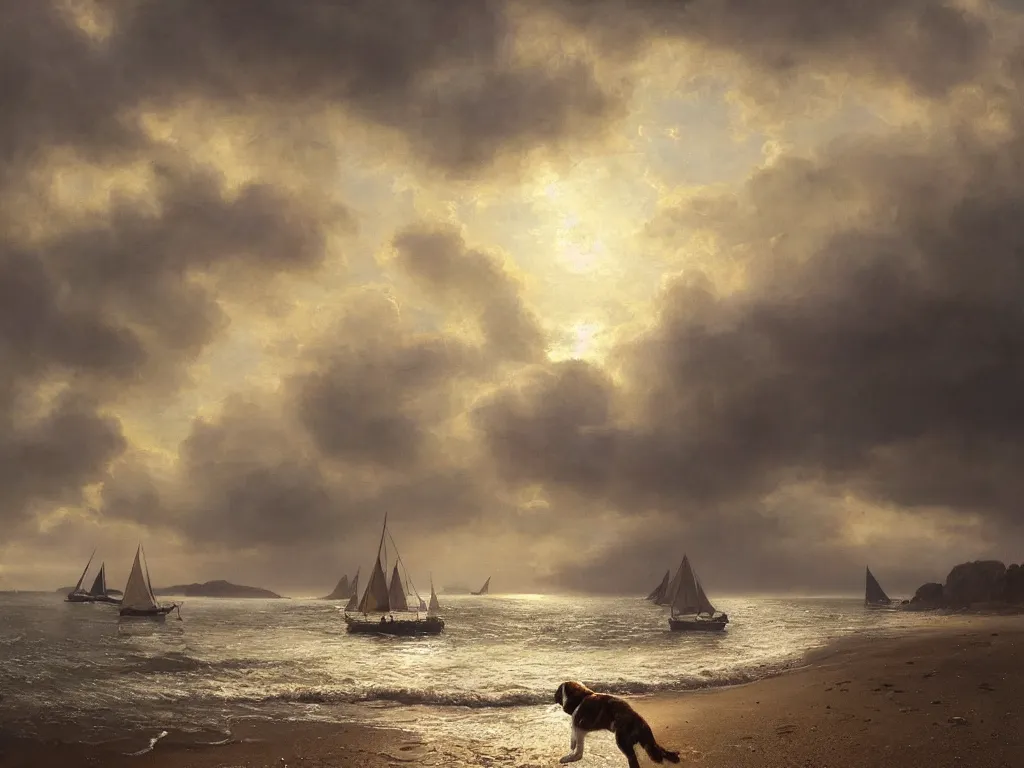 Image similar to springer spaniel running along a beach, quiet with a few boats in the background, peaceful, epic lighting, evening sunlight, cinematic, volumetric lighting digital art by greg rutkowski, roberto ferri, jeremy lipking, trending on art station, 8 k, highly detailed, hyper realistic, photorealistic