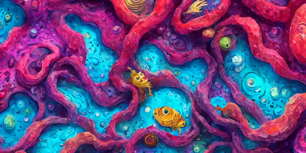 Prompt: of a colorful deep sea canyon with strange cute friendly creatures with huge eyes, mouth, long tongue and round teeth appearing from the coral floor, in the style of gehry and gaudi, macro lens, highly detailed, shallow depth of fielf, digital painting, trending artstation, concept art, illustration, cinematic lighting, vibrant colors, photorealism, epic, octane render