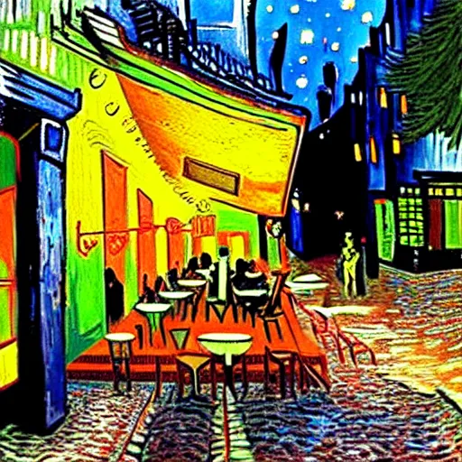 Image similar to Cyberpunk Cafe Terrace at night by Vincent Van Gogh