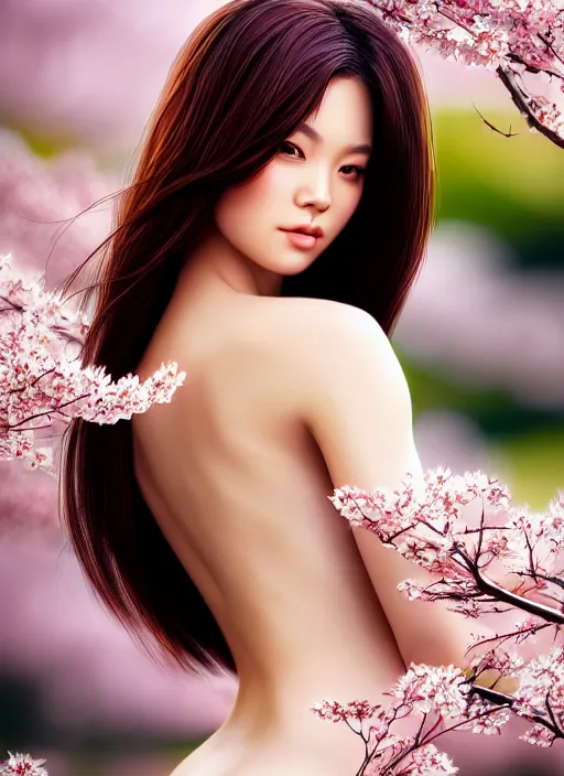 Image similar to photo of a gorgeous female in the style of stefan kostic, realistic, half body shot, sharp focus, 8 k high definition, insanely detailed, intricate, elegant, art by stanley lau and artgerm, extreme bokeh cherry blossoms