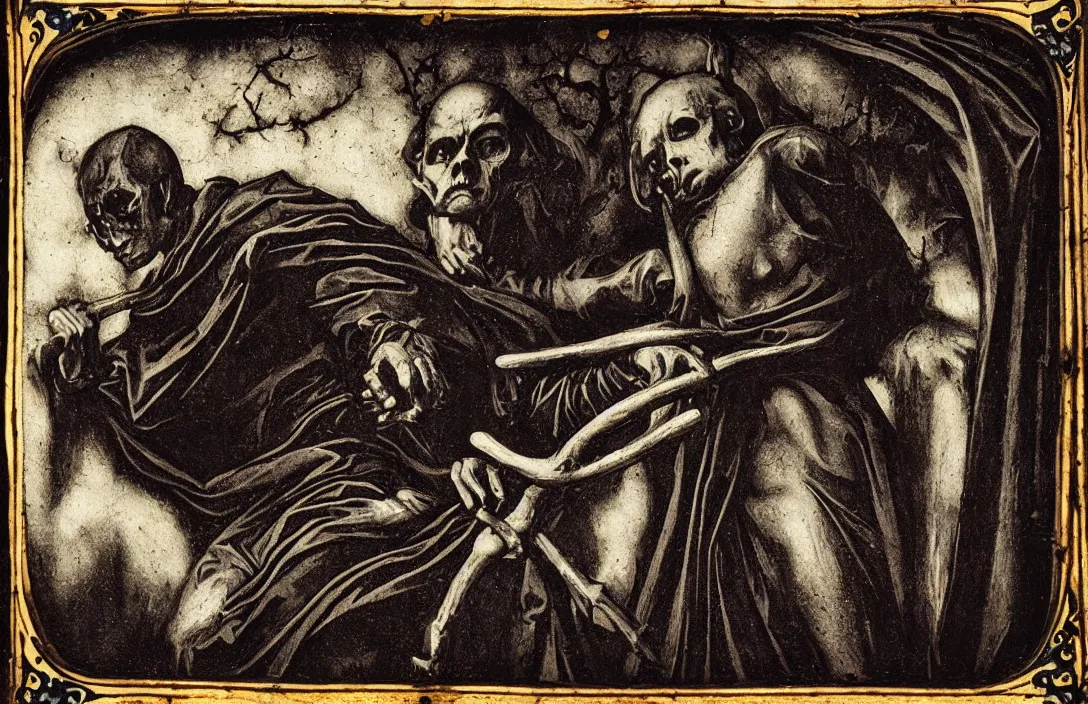 Prompt: the margins of a gothic illuminated manuscript intact flawless ambrotype from 4 k criterion collection remastered cinematography gory horror film, ominous lighting, evil theme wow photo realistic postprocessing valley of death gracefulness of * rococo art. the brush strokes merge imperceptibly pieter s aenredam photograph by robert adams