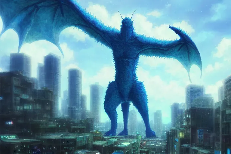 Image similar to a humanoid creature hybrid kaiju bug looming over a city in the rain, great composition, blue sky, fluffy clouds, happy atmosphere, by makoto shinkai an krenz cushart