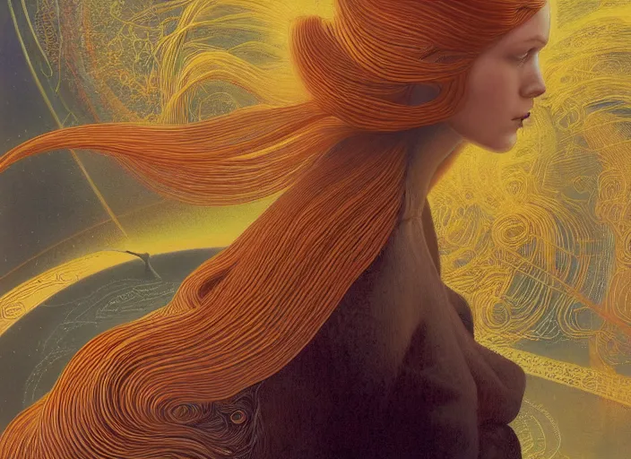 Image similar to portrait of a woman with swirling hair, illustration by James C. Christensen, retrofuturism, reimagined by industrial light and magic